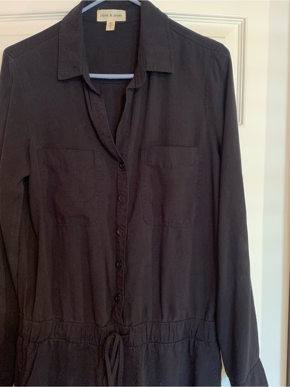 CLOTH & STONE Black Long Sleeve Button-Front Drawstring Jumpsuit